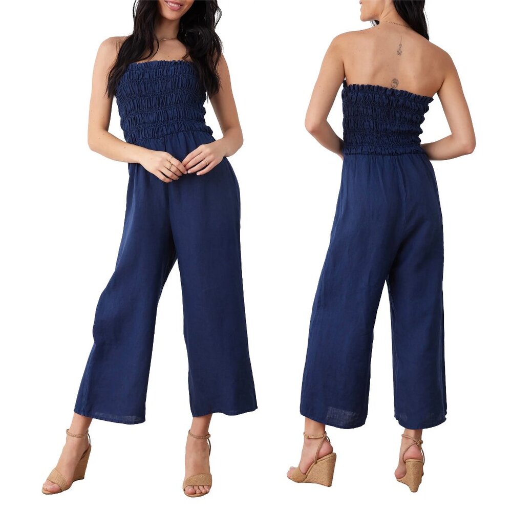 Bella Dahl Smocked Strapless Wide Leg Indigo Blue Jumpsuit Tube Top Romper